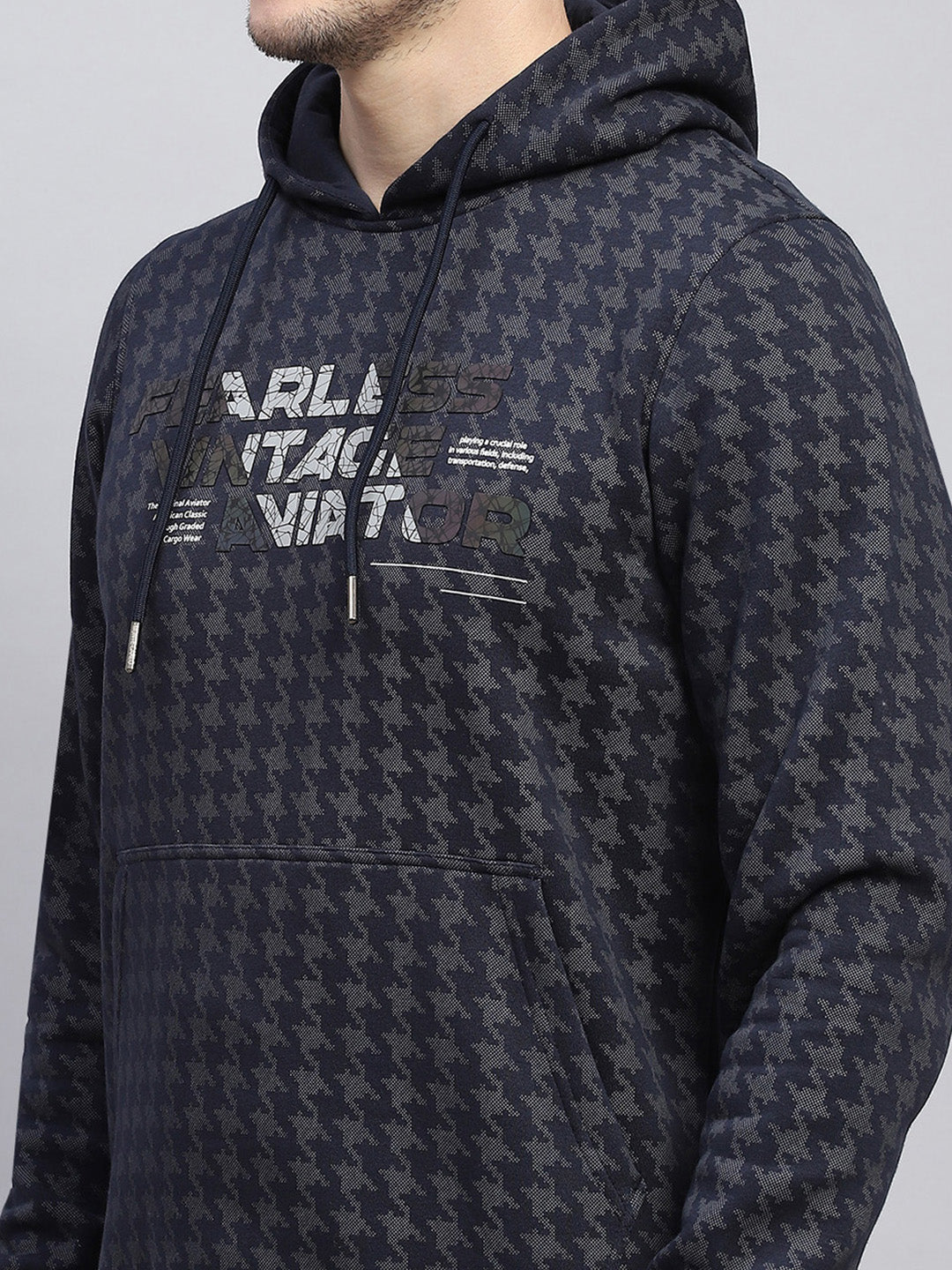 Men Navy Blue Printed Hooded Full Sleeve Sweatshirt