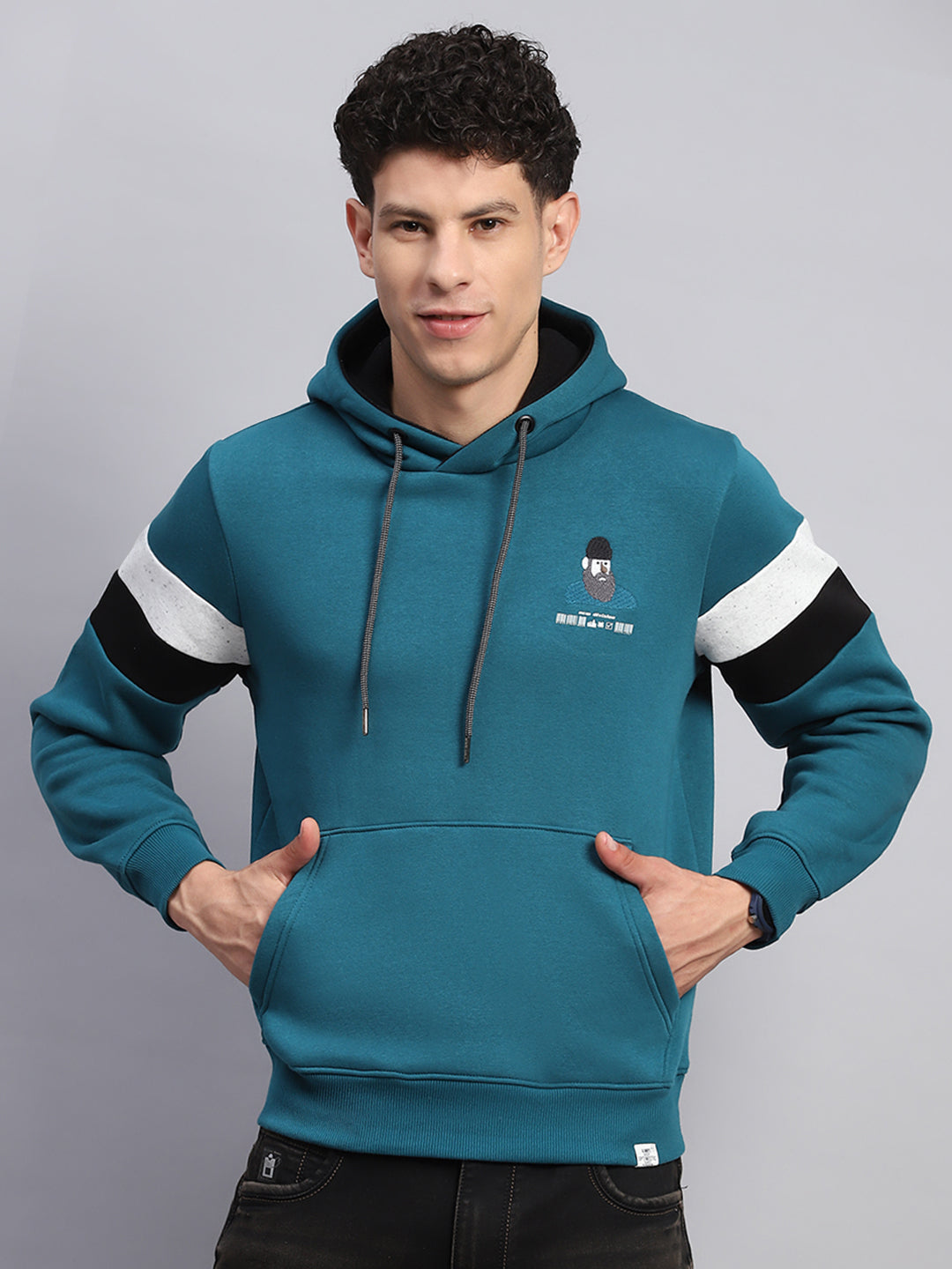 Men Teal Blue Printed Hooded Full Sleeve Sweatshirt