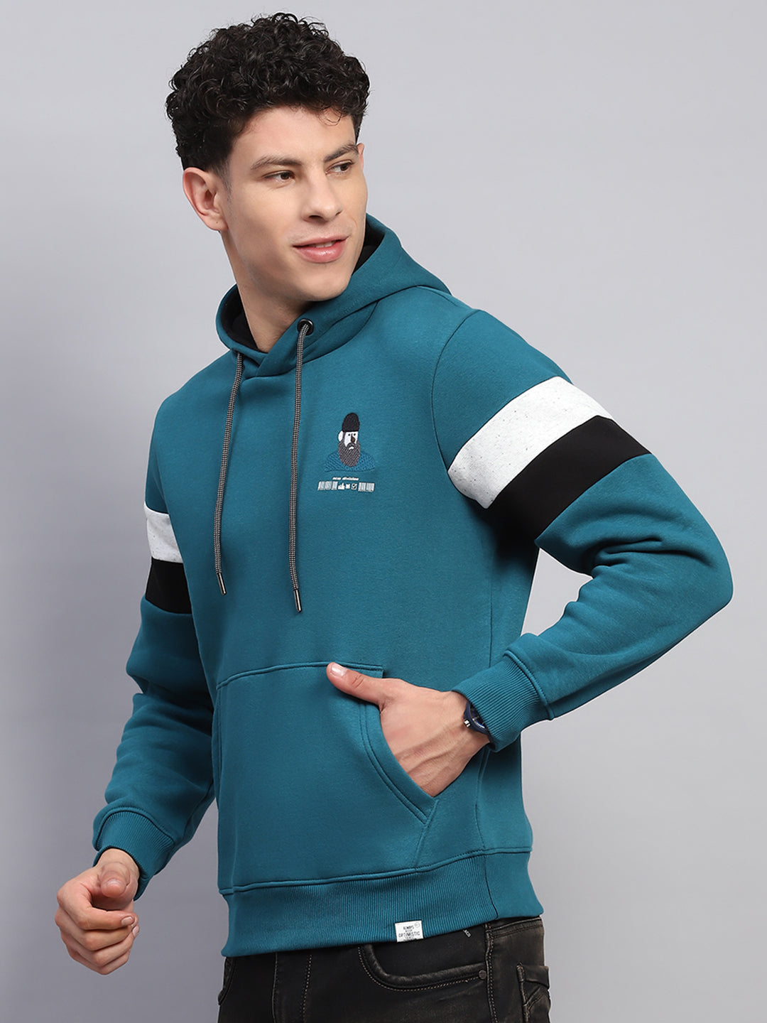 Men Teal Blue Printed Hooded Full Sleeve Sweatshirt