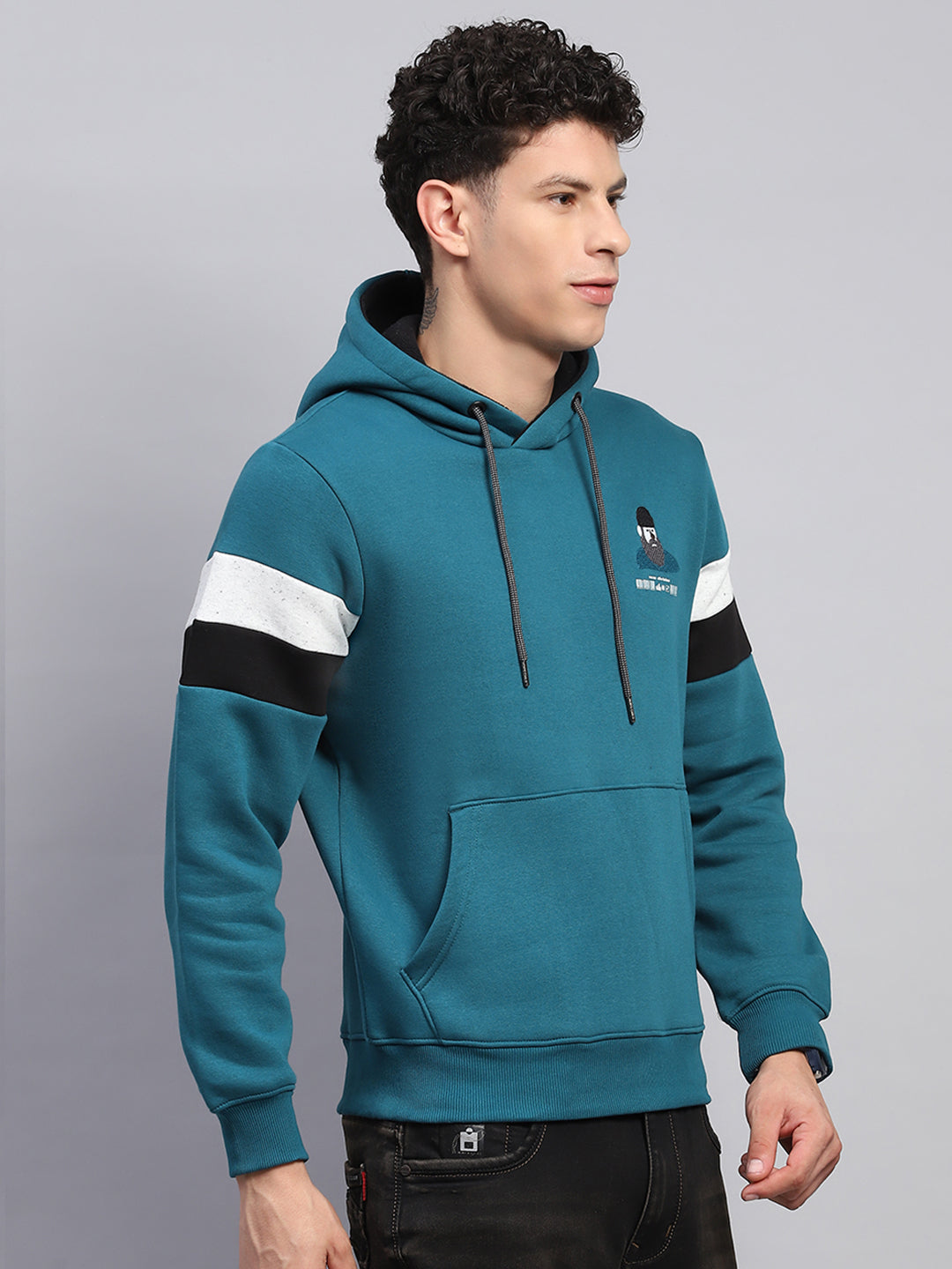 Men Teal Blue Printed Hooded Full Sleeve Sweatshirt