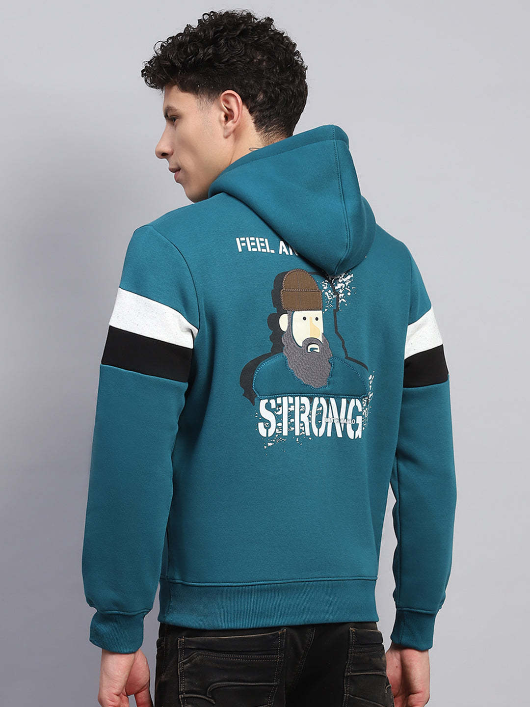 Men Teal Blue Printed Hooded Full Sleeve Sweatshirt