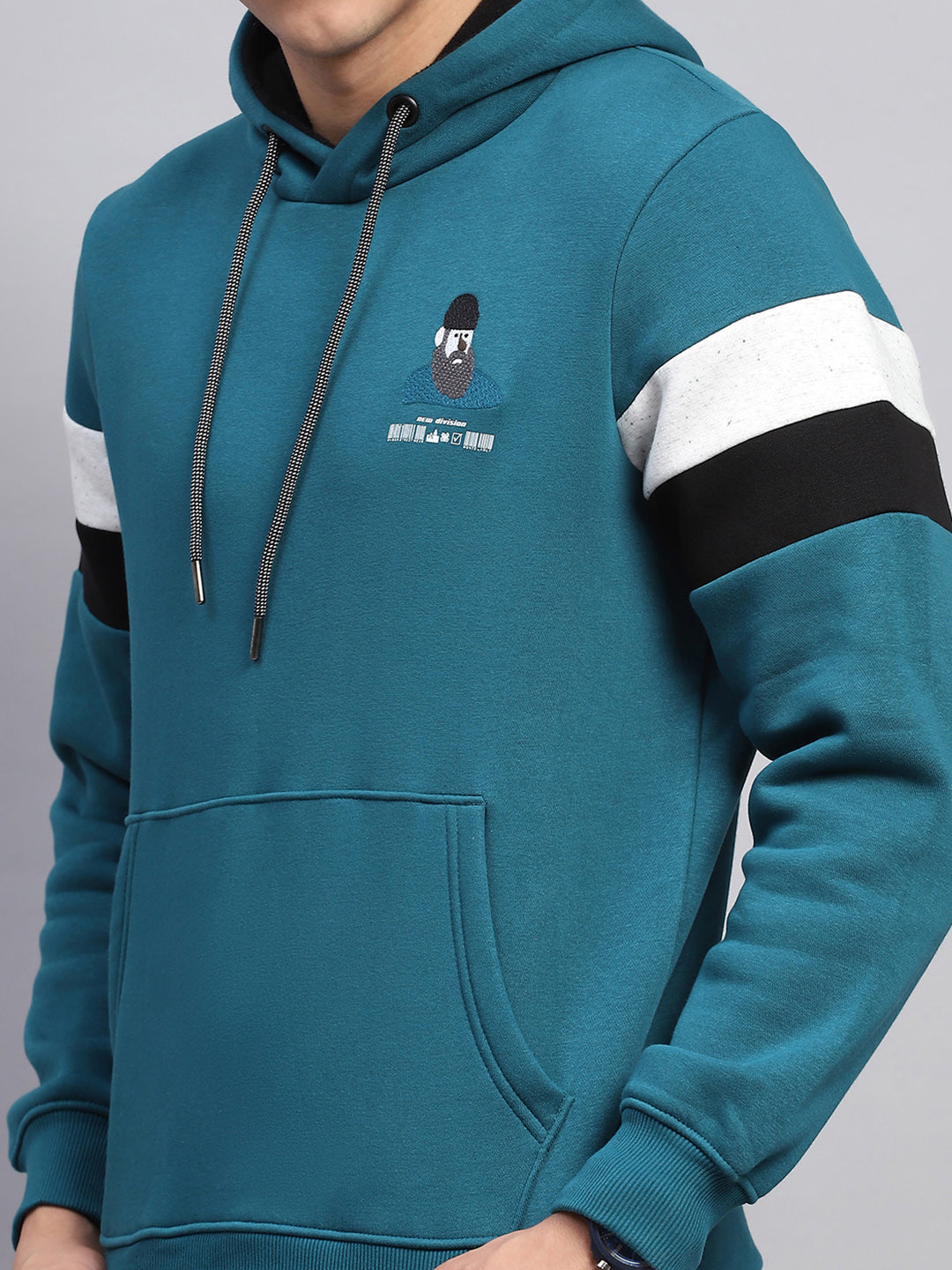 Men Teal Blue Printed Hooded Full Sleeve Sweatshirt