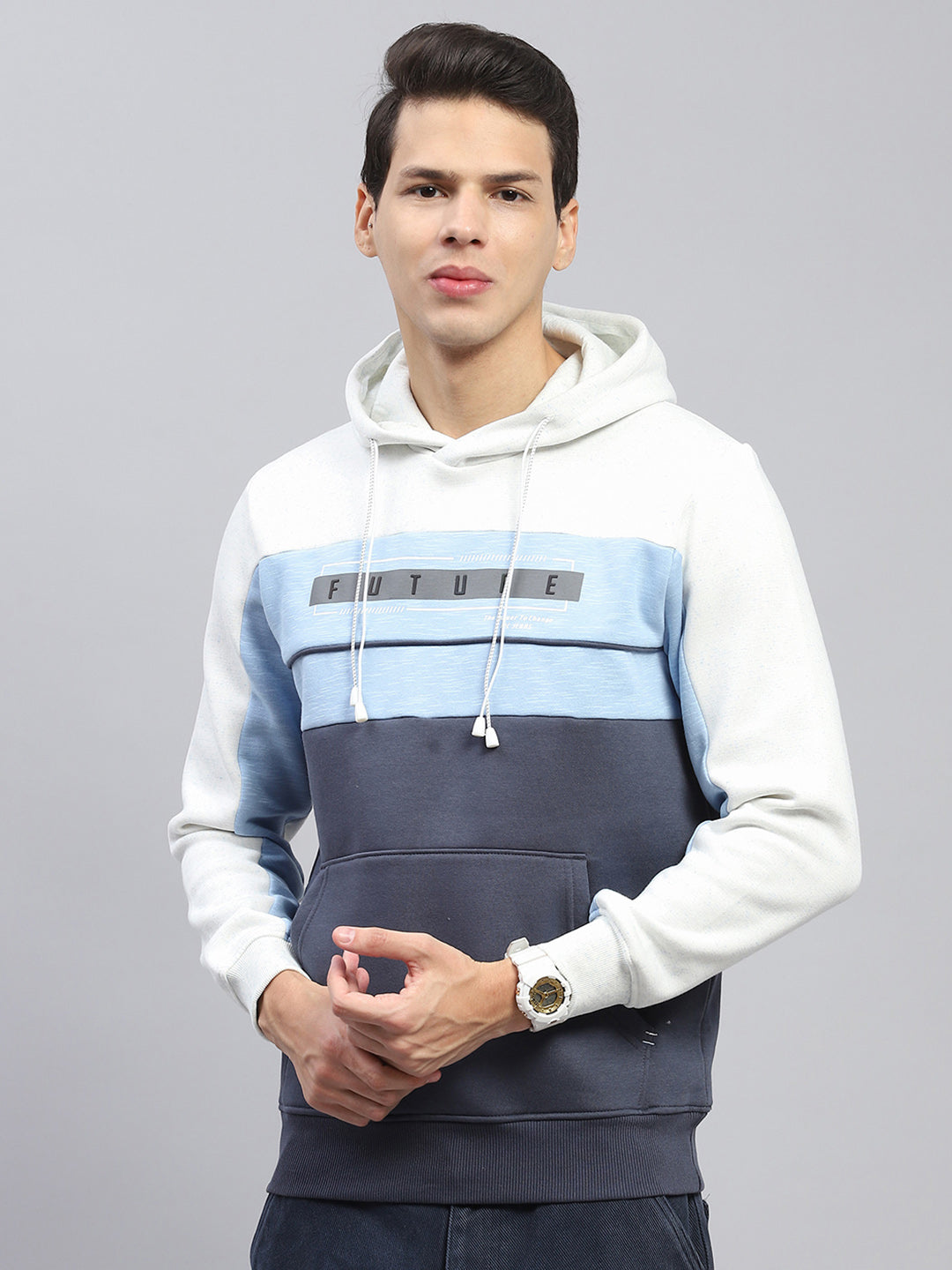 Men White & Blue Printed Hooded Full Sleeve Sweatshirt