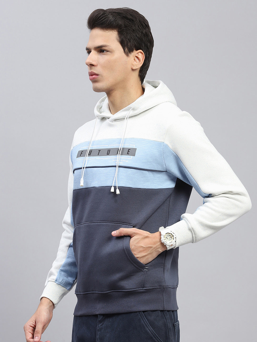 Men White & Blue Printed Hooded Full Sleeve Sweatshirt