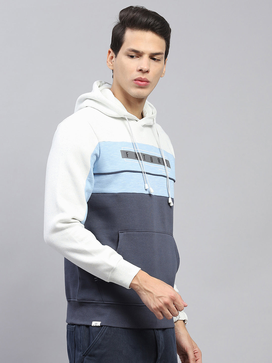 Men White & Blue Printed Hooded Full Sleeve Sweatshirt