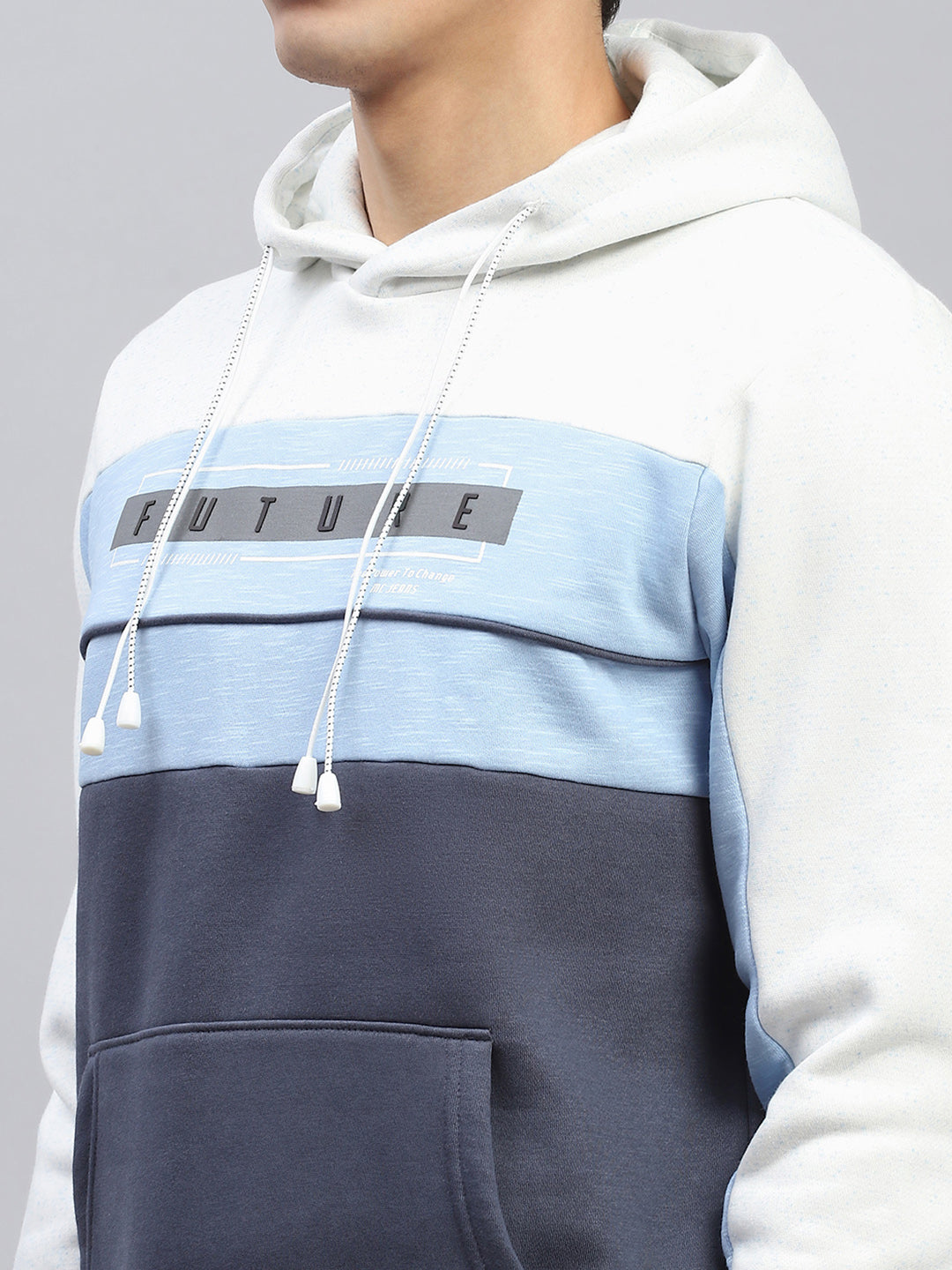 Men White & Blue Printed Hooded Full Sleeve Sweatshirt