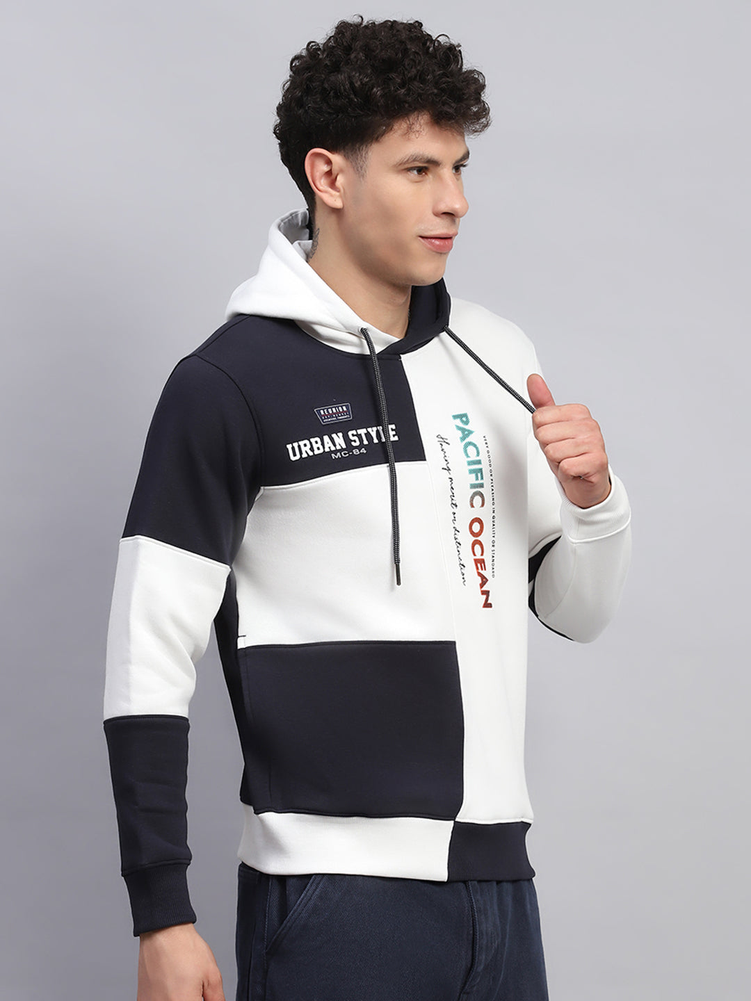 Men White Printed Hooded Full Sleeve Sweatshirt