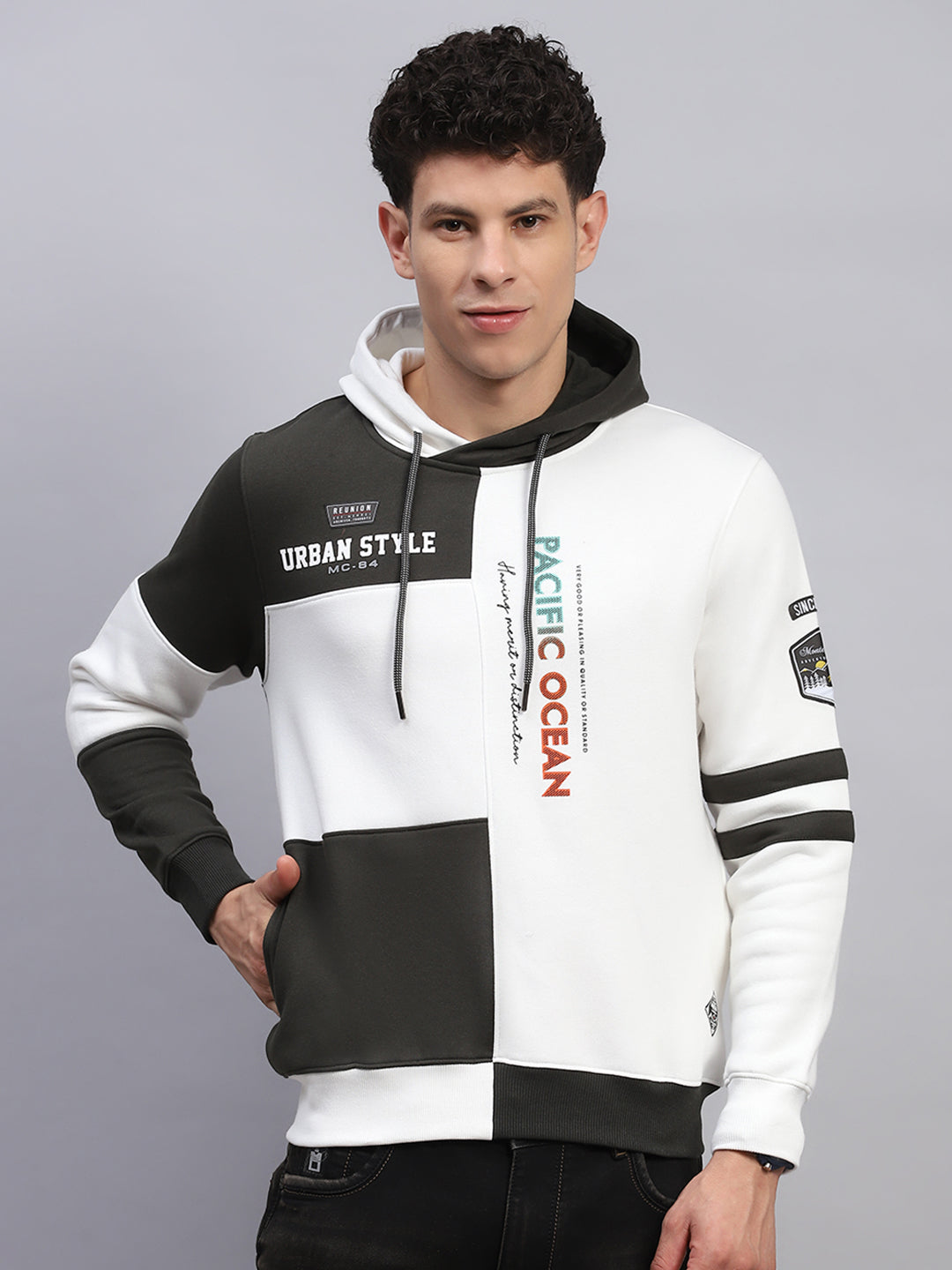 Men White Printed Hooded Full Sleeve Sweatshirt