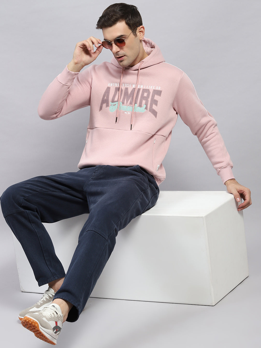 Men Pink Printed Hooded Full Sleeve Sweatshirt