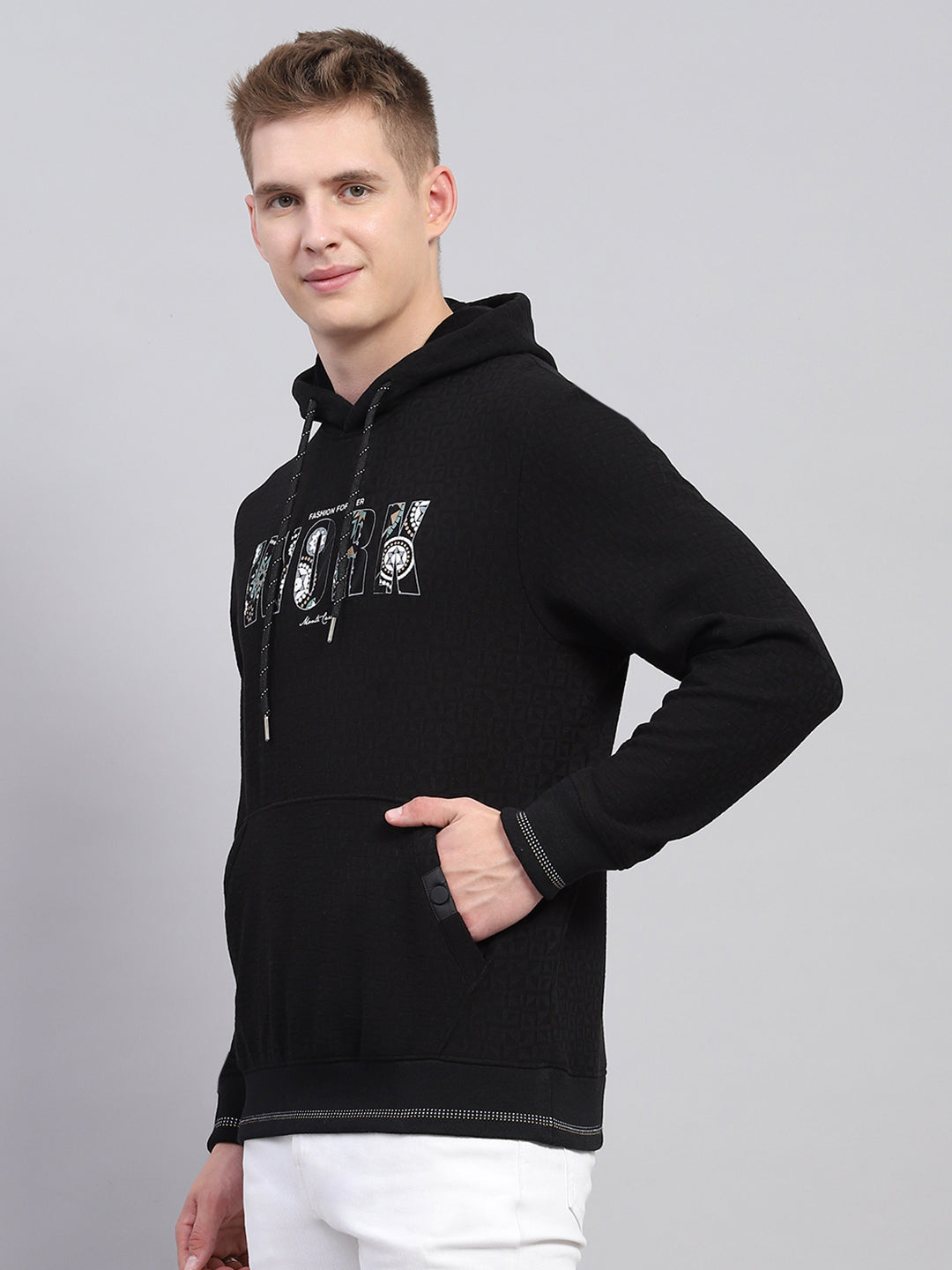 Men Black Printed Hooded Full Sleeve Sweatshirt