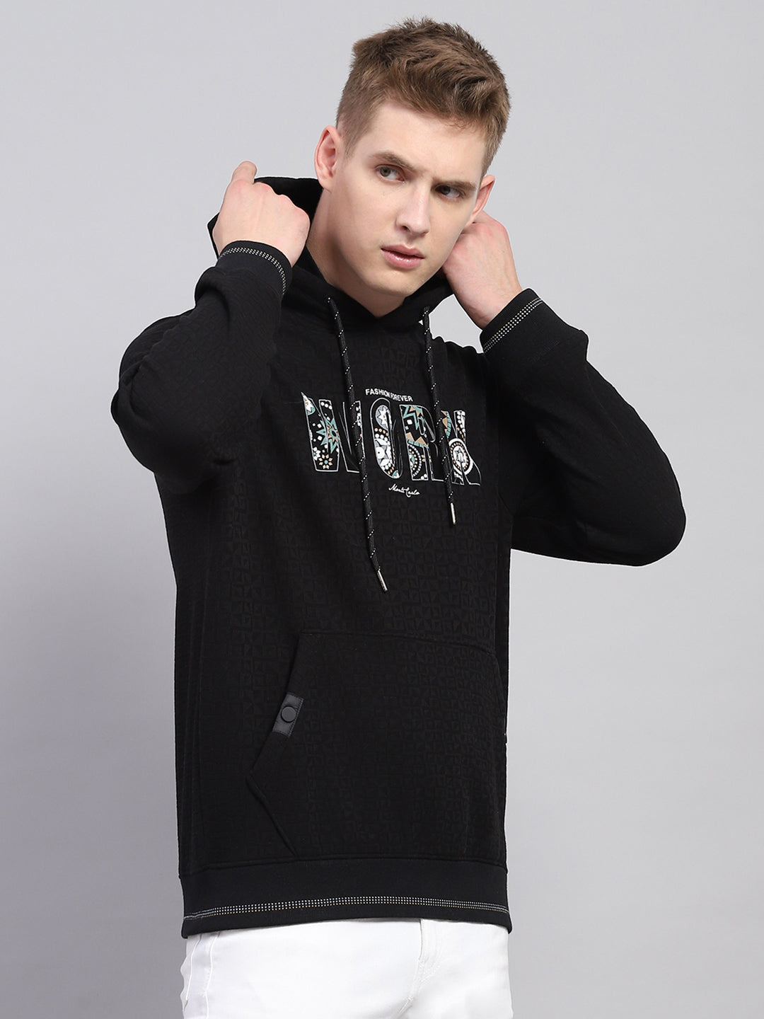 Men Black Printed Hooded Full Sleeve Sweatshirt