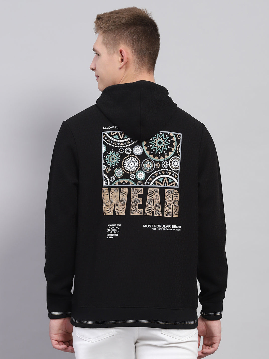 Men Black Printed Hooded Full Sleeve Sweatshirt