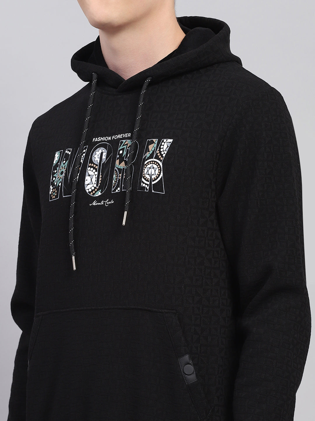 Men Black Printed Hooded Full Sleeve Sweatshirt