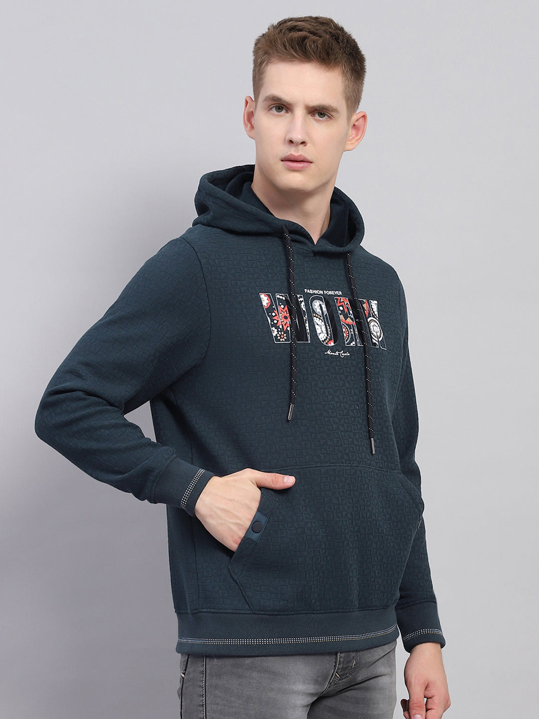 Men Green Printed Hooded Full Sleeve Sweatshirt