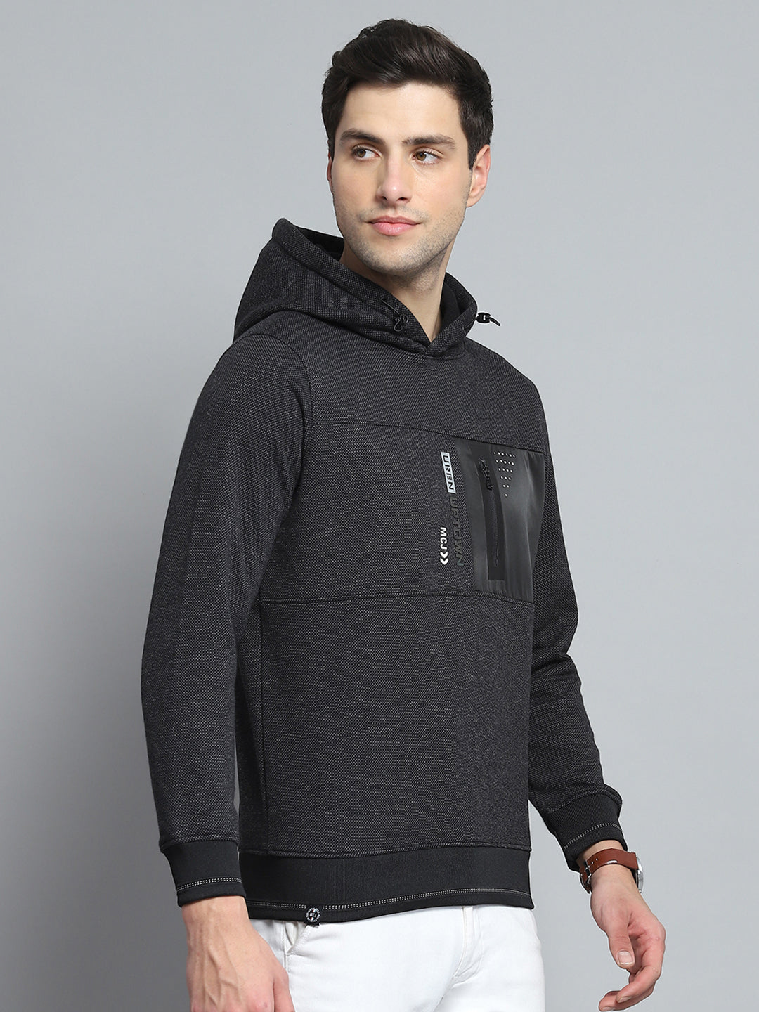 Men Black Printed Hooded Full Sleeve Sweatshirt