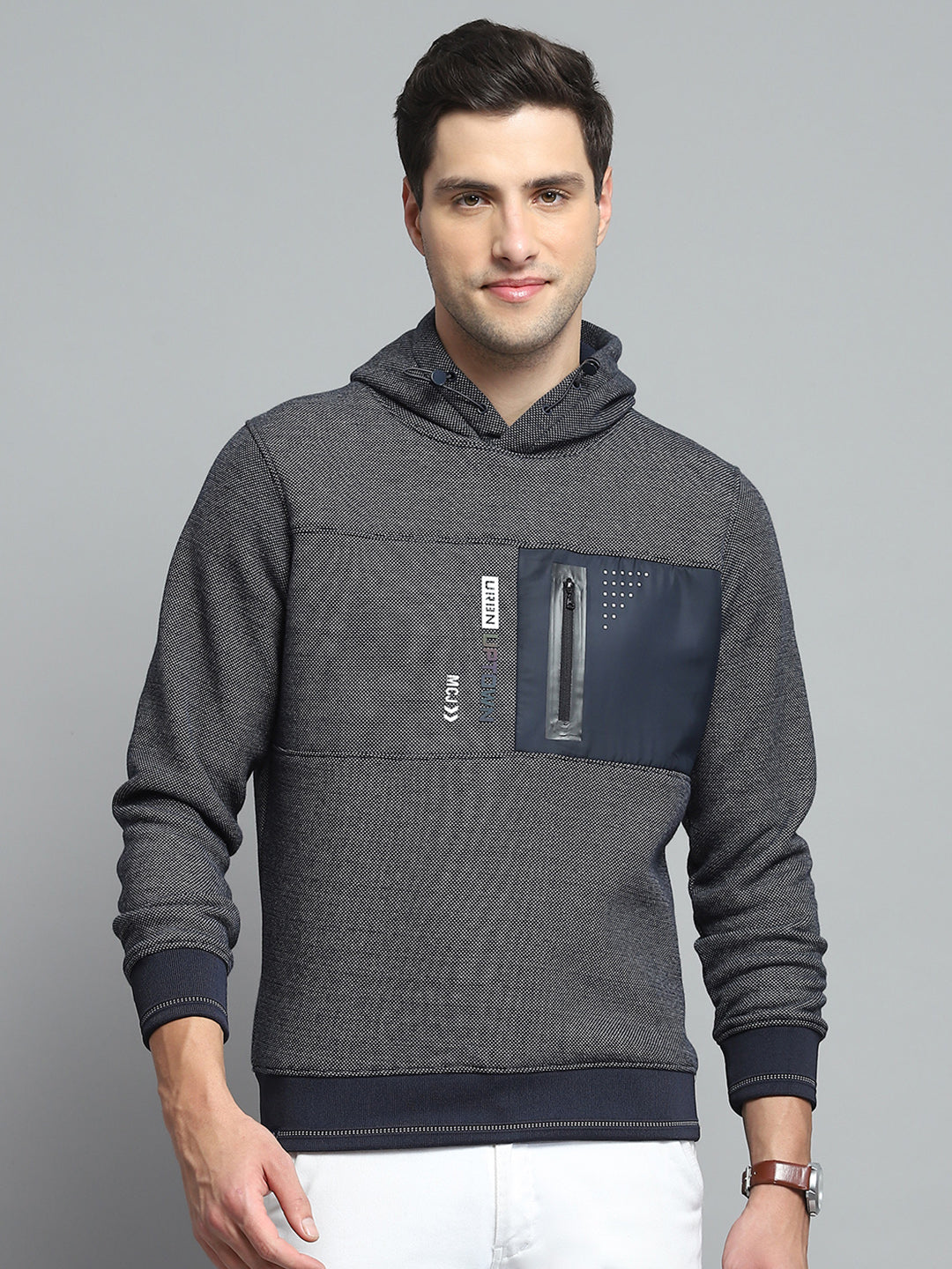 Men Navy Blue Printed Hooded Full Sleeve Sweatshirt