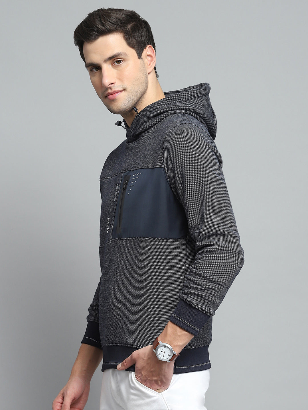 Men Navy Blue Printed Hooded Full Sleeve Sweatshirt