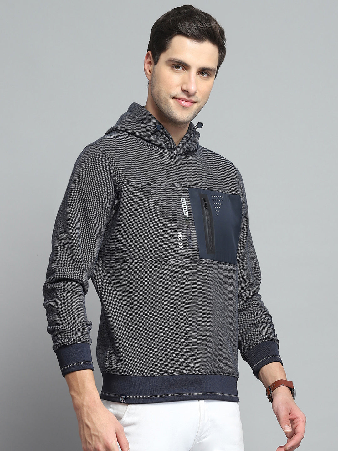 Men Navy Blue Printed Hooded Full Sleeve Sweatshirt