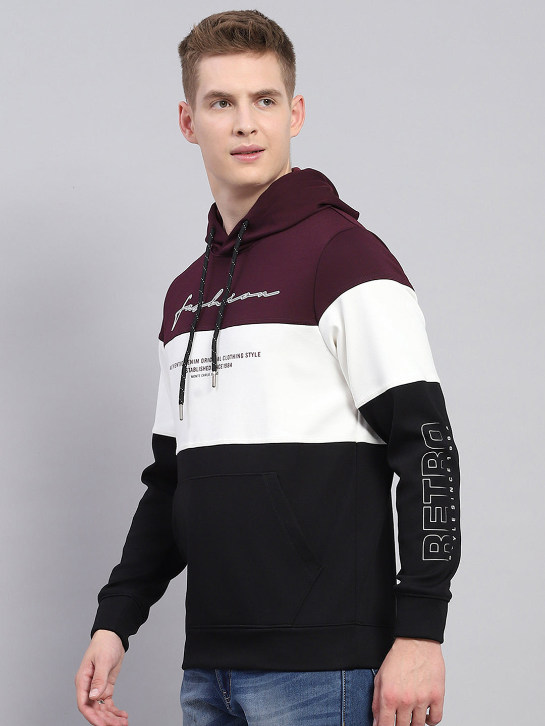 Men Maroon Printed Hooded Full Sleeve Sweatshirt