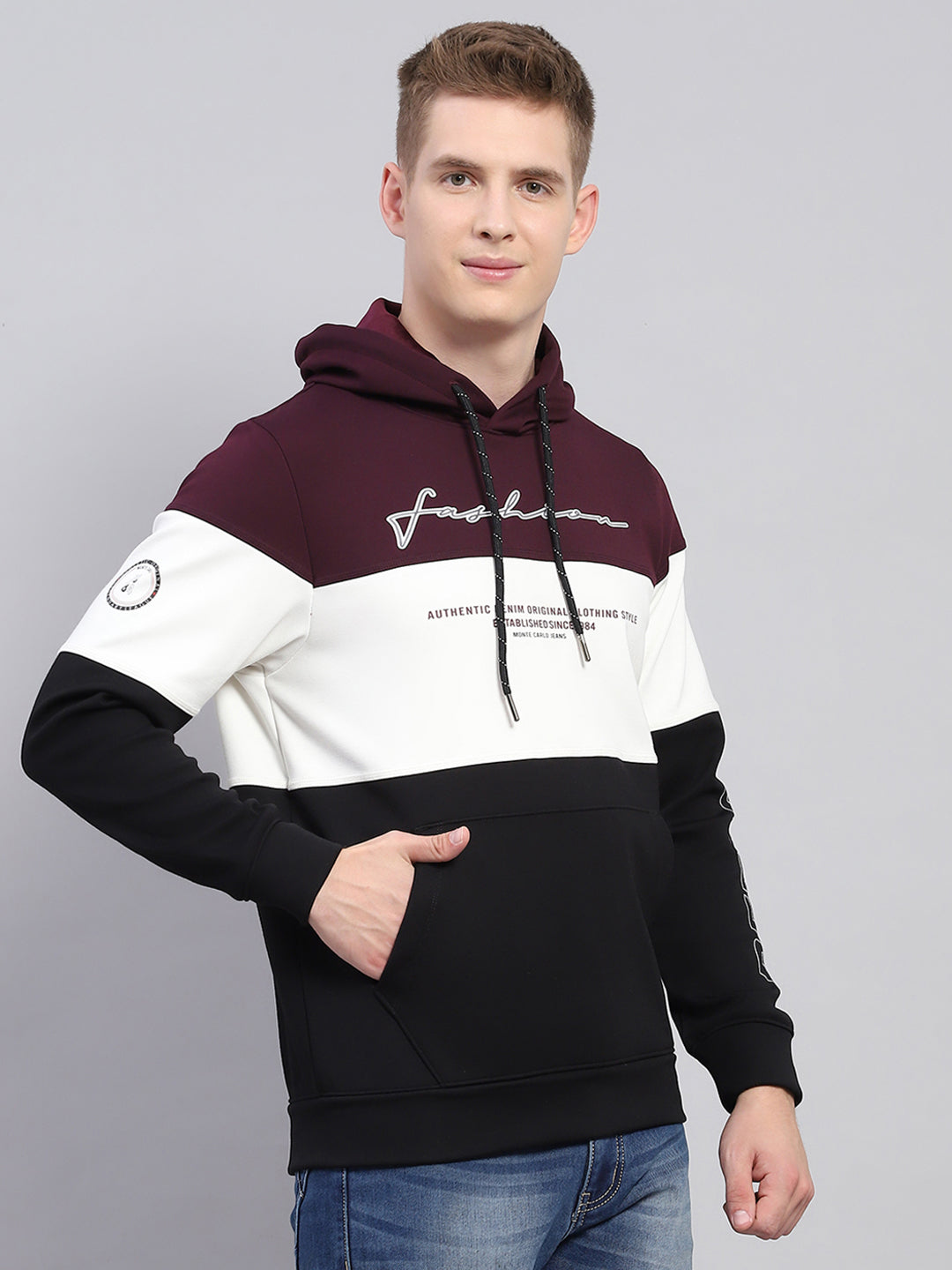 Men Maroon Printed Hooded Full Sleeve Sweatshirt