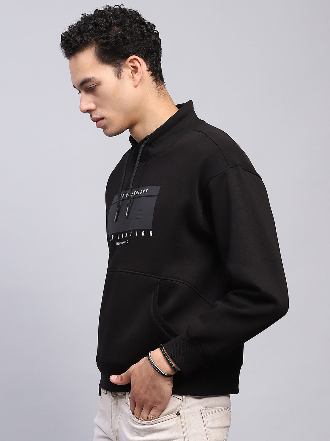 Men Black Printed Mock Neck Full Sleeve Sweatshirt