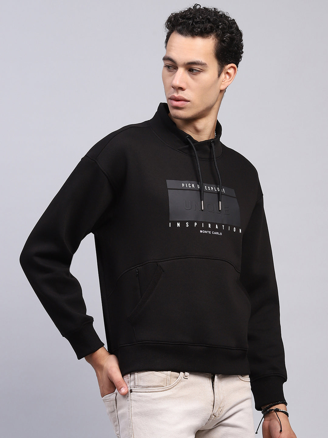 Men Black Printed Mock Neck Full Sleeve Sweatshirt