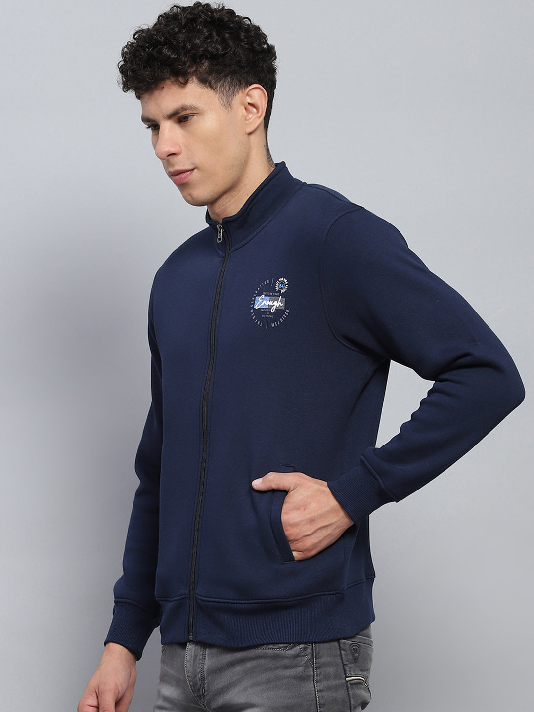 Men Navy Blue Printed Mock Neck Full Sleeve Sweatshirt