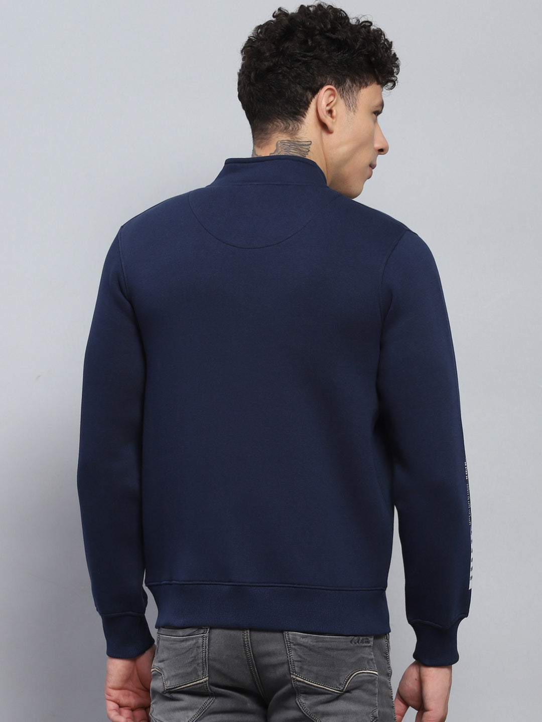 Men Navy Blue Printed Mock Neck Full Sleeve Sweatshirt