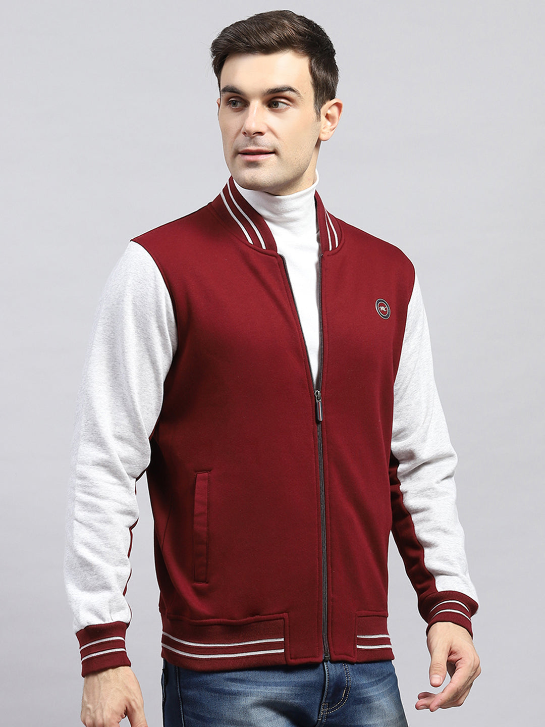 Men Maroon Solid Mock Neck Full Sleeve Sweatshirt