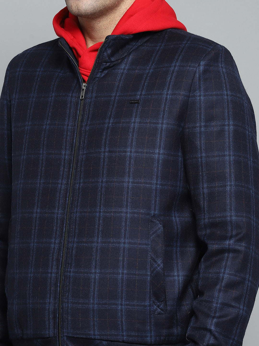 Men Navy Blue Check Mock Neck Full Sleeve Sweatshirt