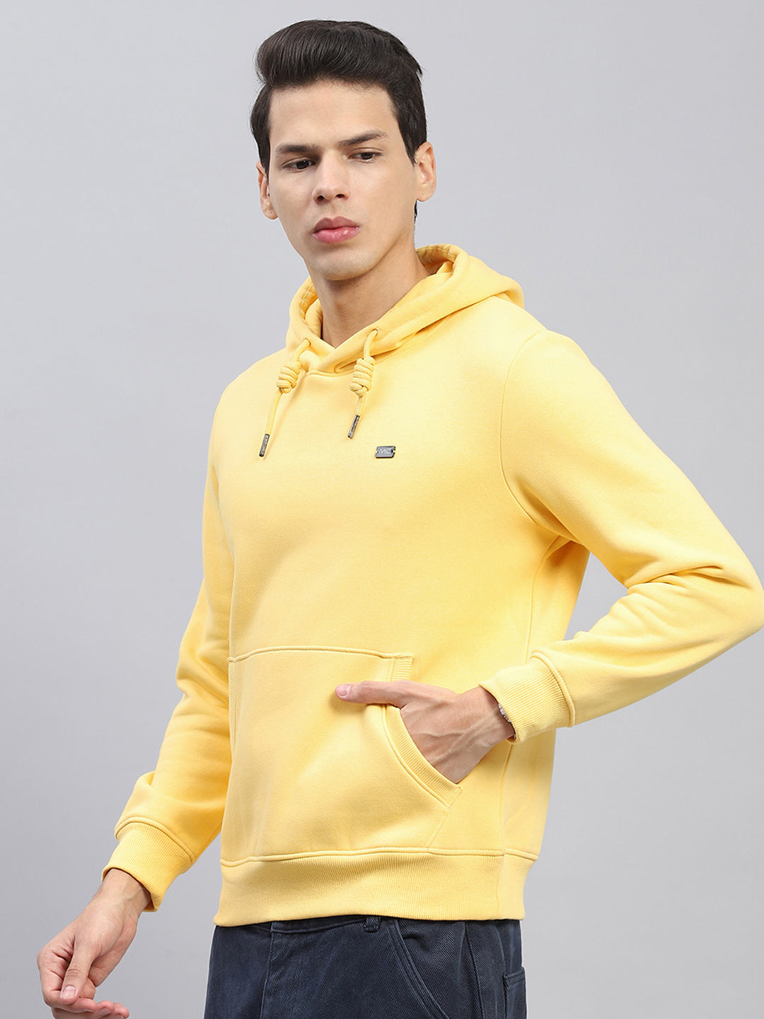 Men Yellow Solid Hooded Full Sleeve Sweatshirt