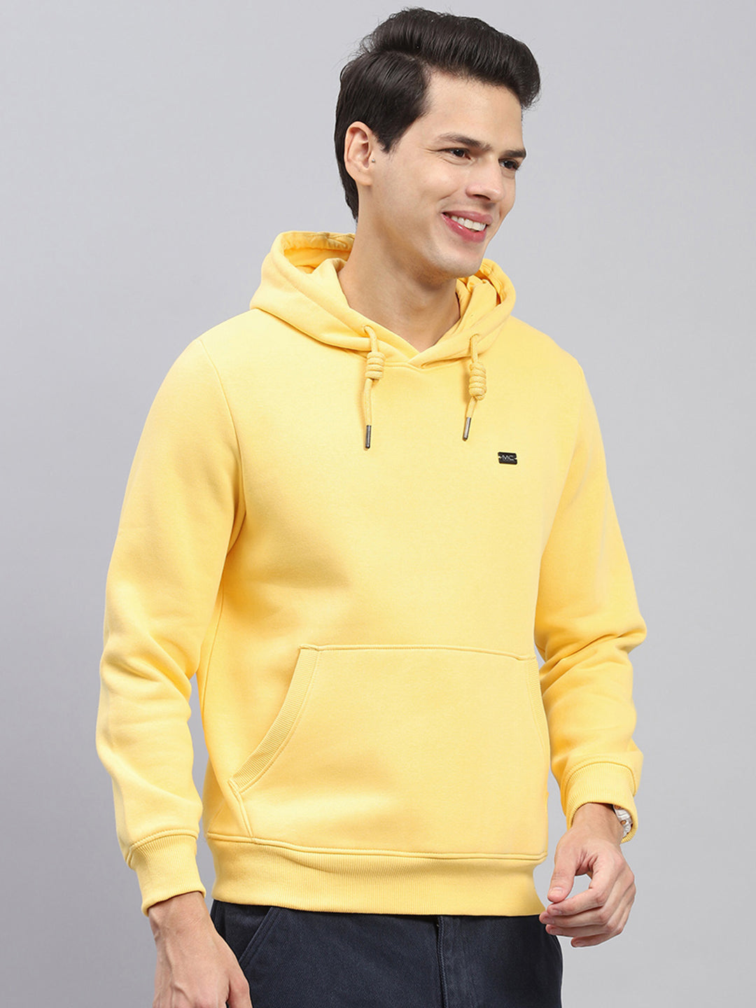 Men Yellow Solid Hooded Full Sleeve Sweatshirt