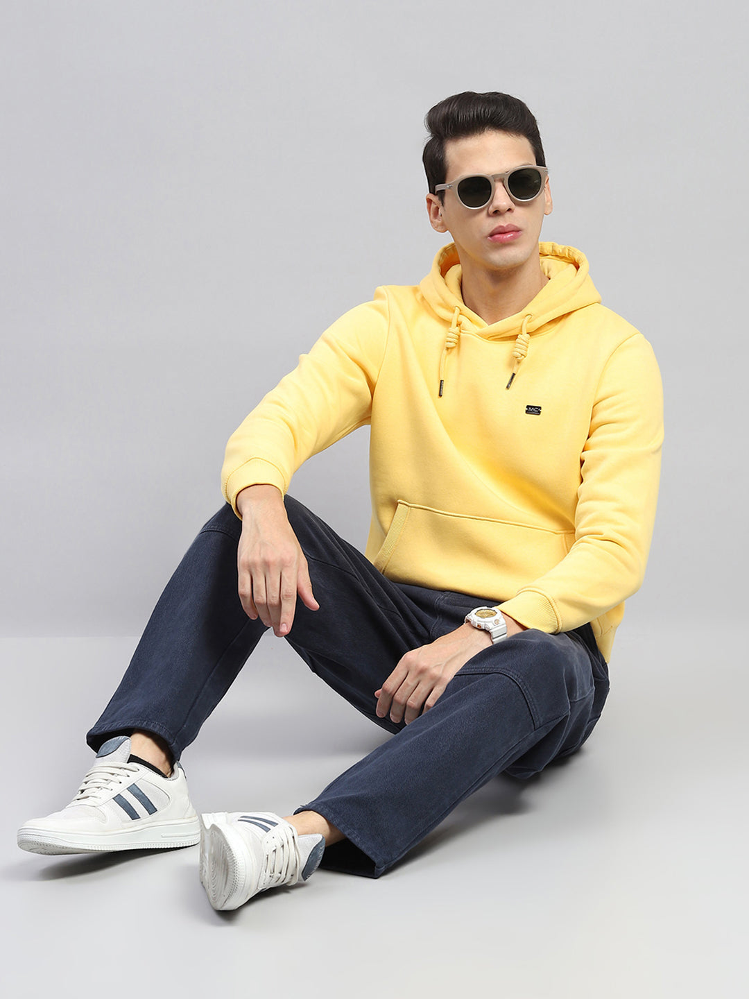 Men Yellow Solid Hooded Full Sleeve Sweatshirt