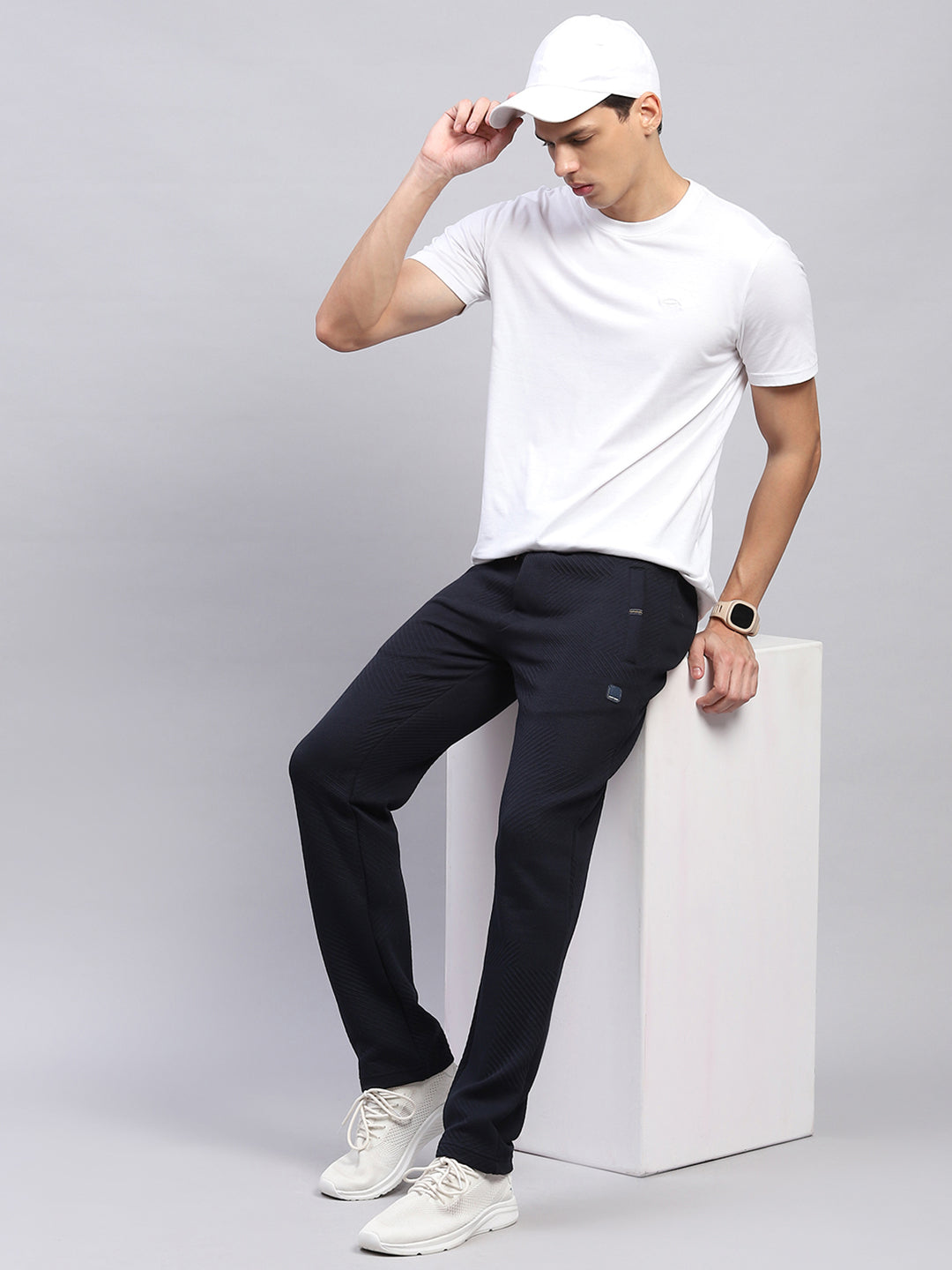 Men Navy Blue Self Design Regular Fit Lower