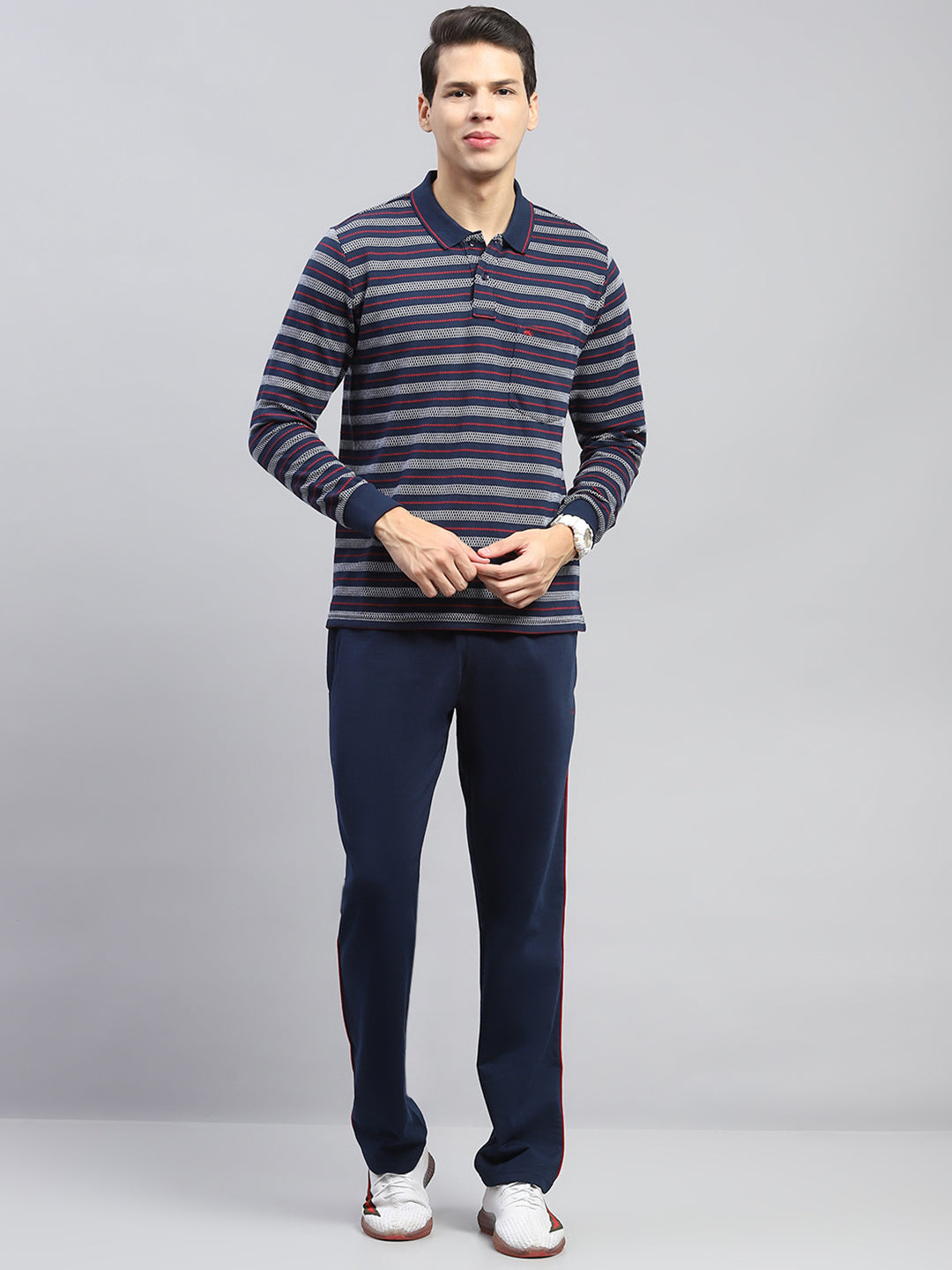 Men Navy Blue Stripe Collar Full Sleeve Winter Tracksuit