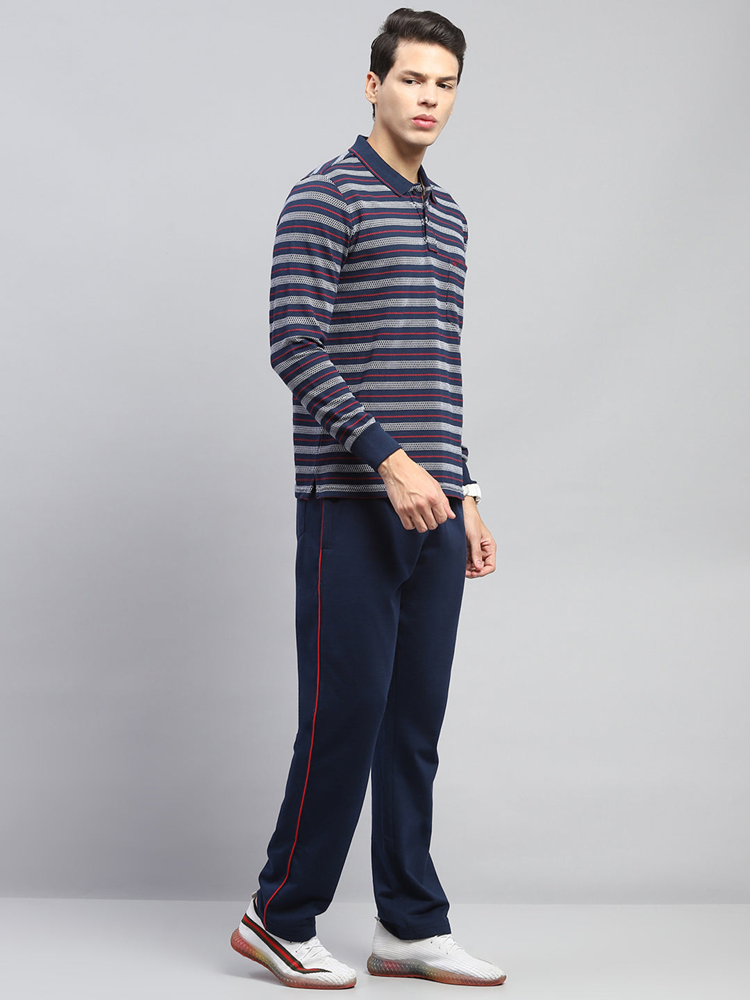 Men Navy Blue Stripe Collar Full Sleeve Winter Tracksuit