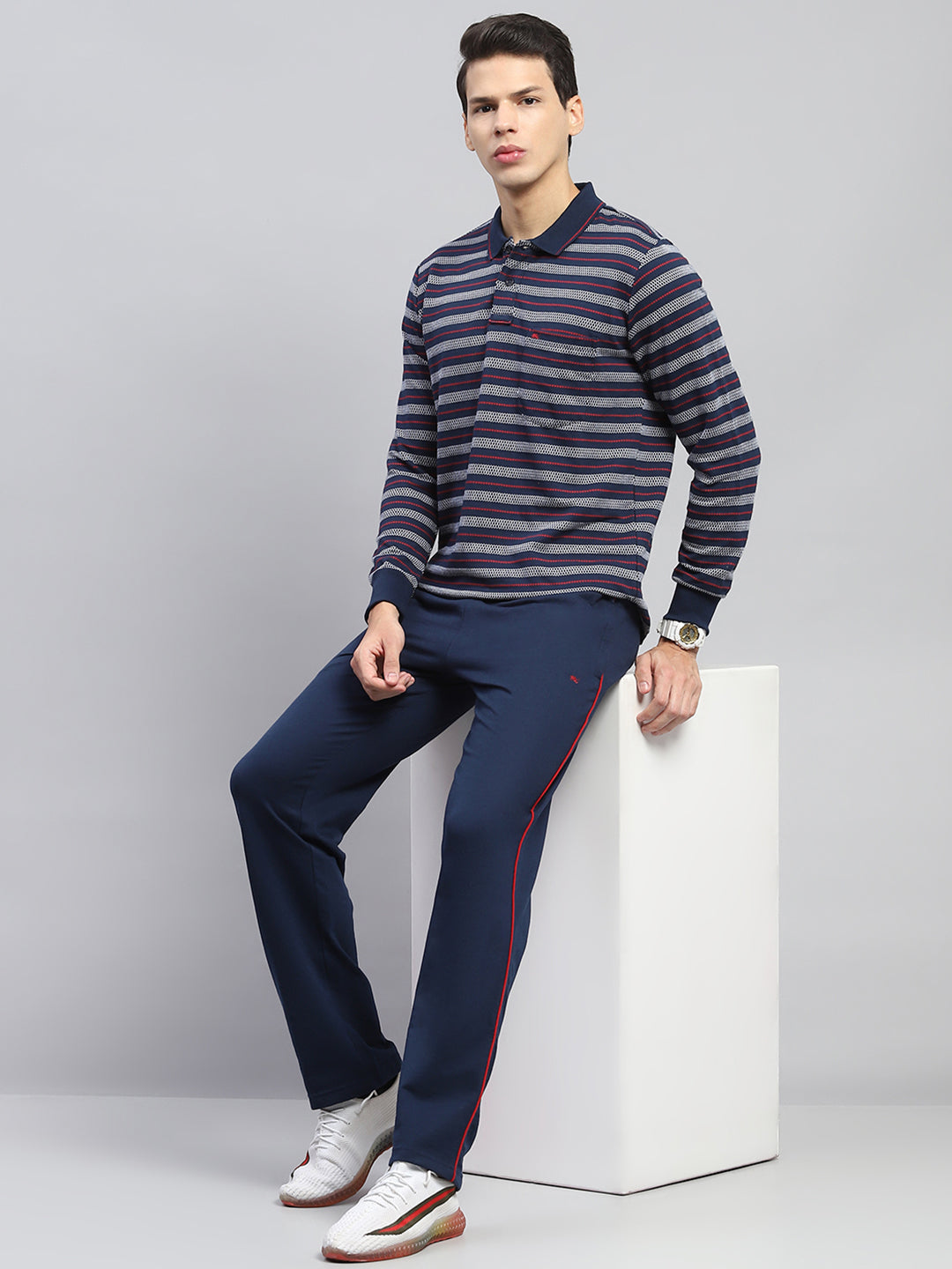 Men Navy Blue Stripe Collar Full Sleeve Winter Tracksuit