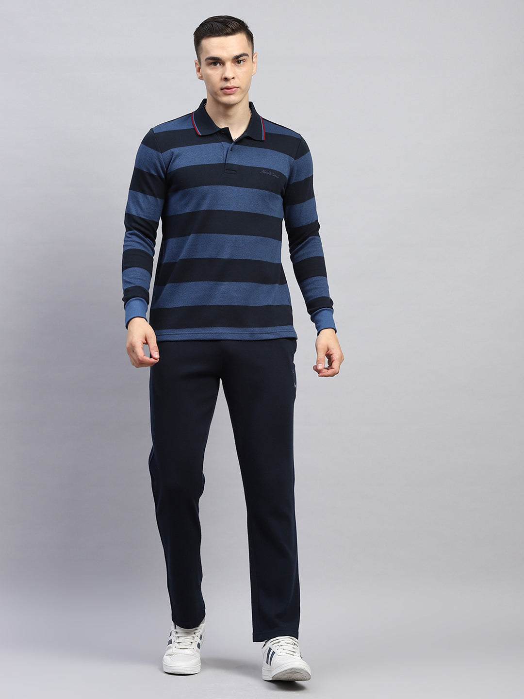 Men Navy Blue Stripe Collar Full Sleeve Winter Tracksuit