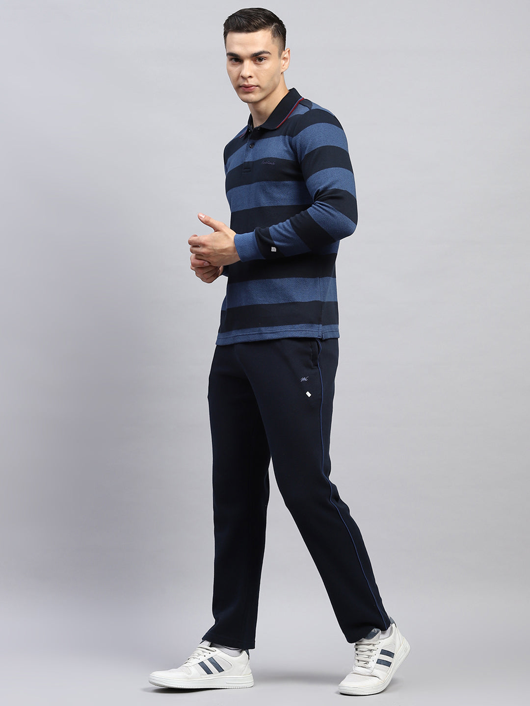 Men Navy Blue Stripe Collar Full Sleeve Winter Tracksuit