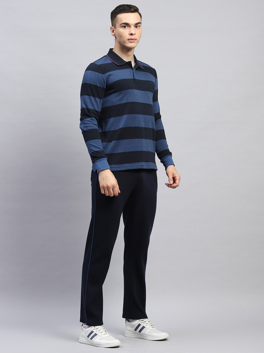 Men Navy Blue Stripe Collar Full Sleeve Winter Tracksuit