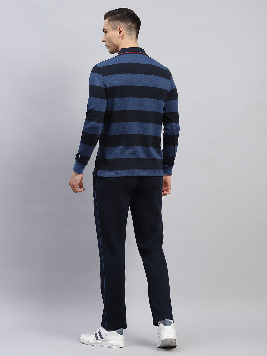 Men Navy Blue Stripe Collar Full Sleeve Winter Tracksuit