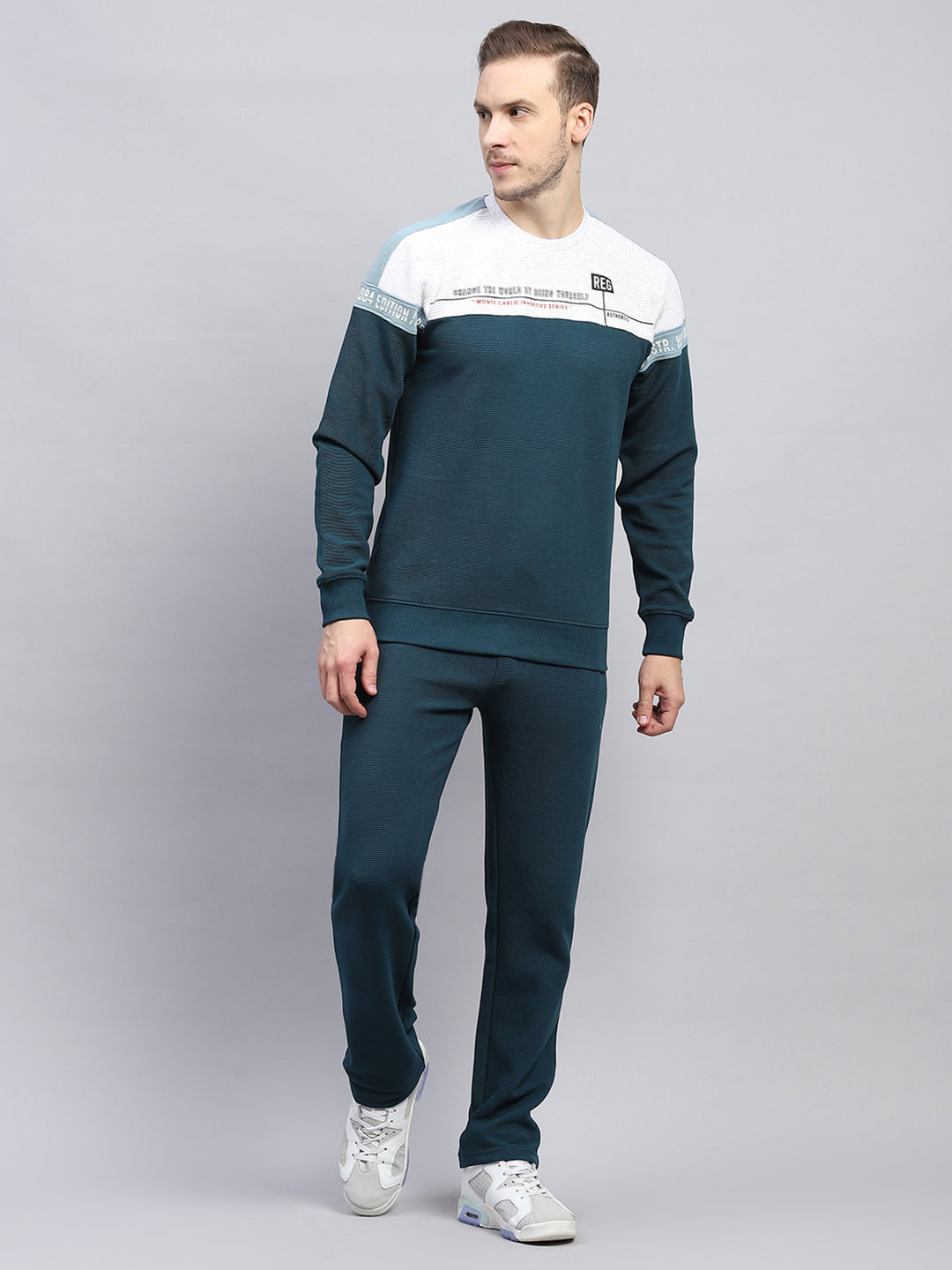 Men Blue Printed Round Neck Full Sleeve Winter Tracksuit