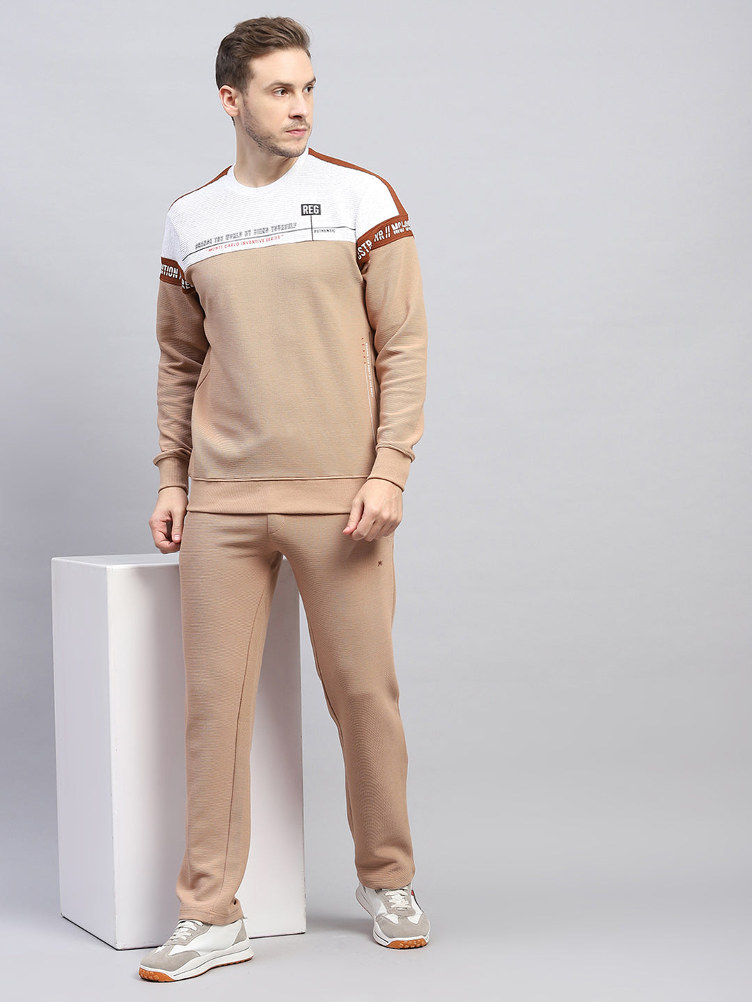 Men Beige Printed Round Neck Full Sleeve Winter Tracksuit