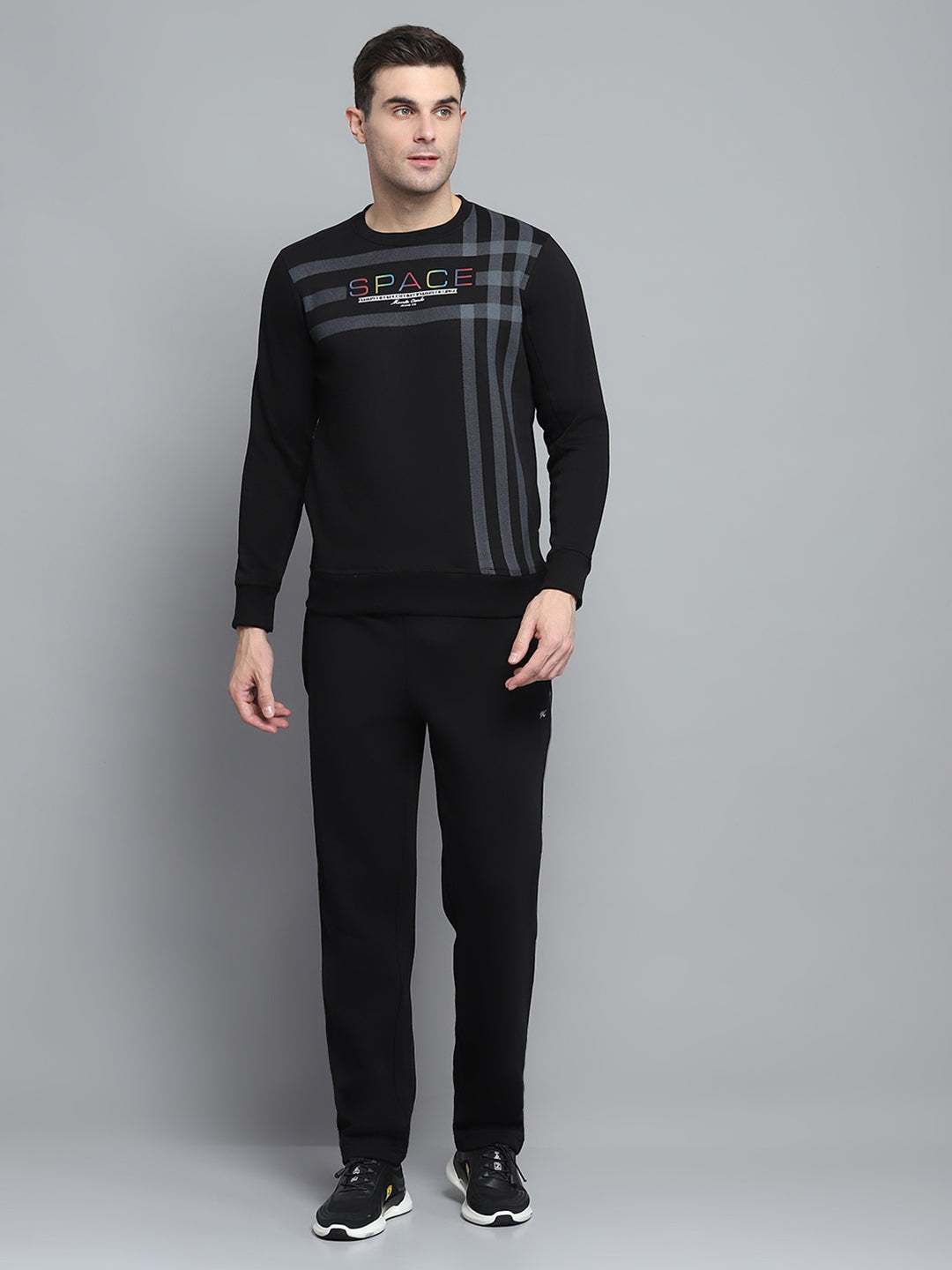 Men Black Printed Round Neck Full Sleeve Winter Tracksuit