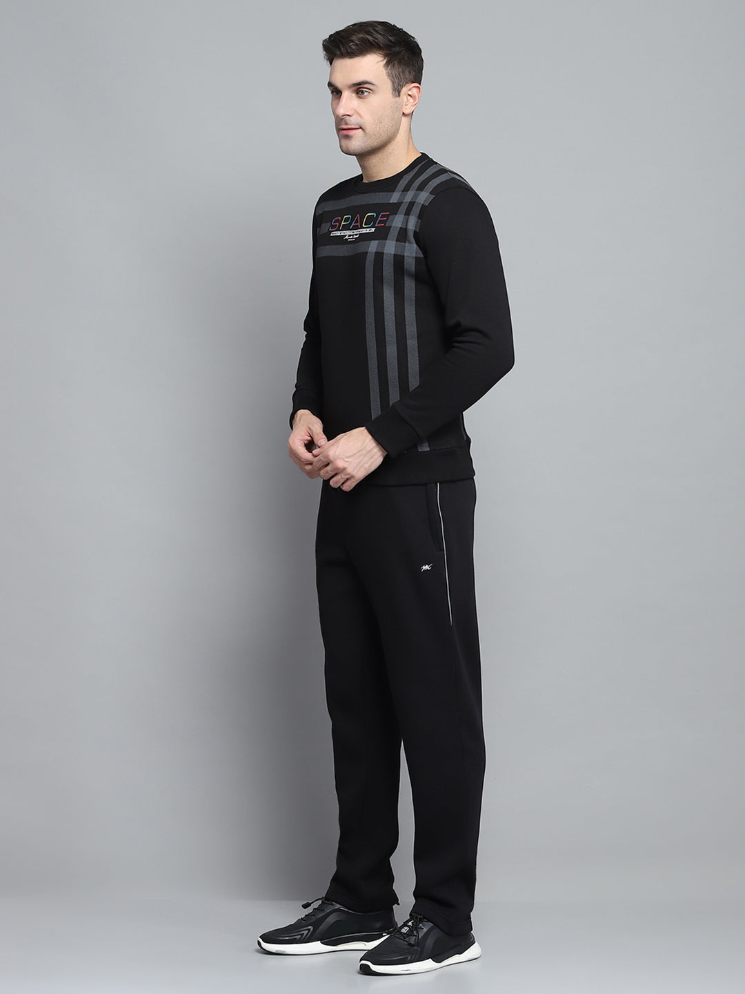 Men Black Printed Round Neck Full Sleeve Winter Tracksuit