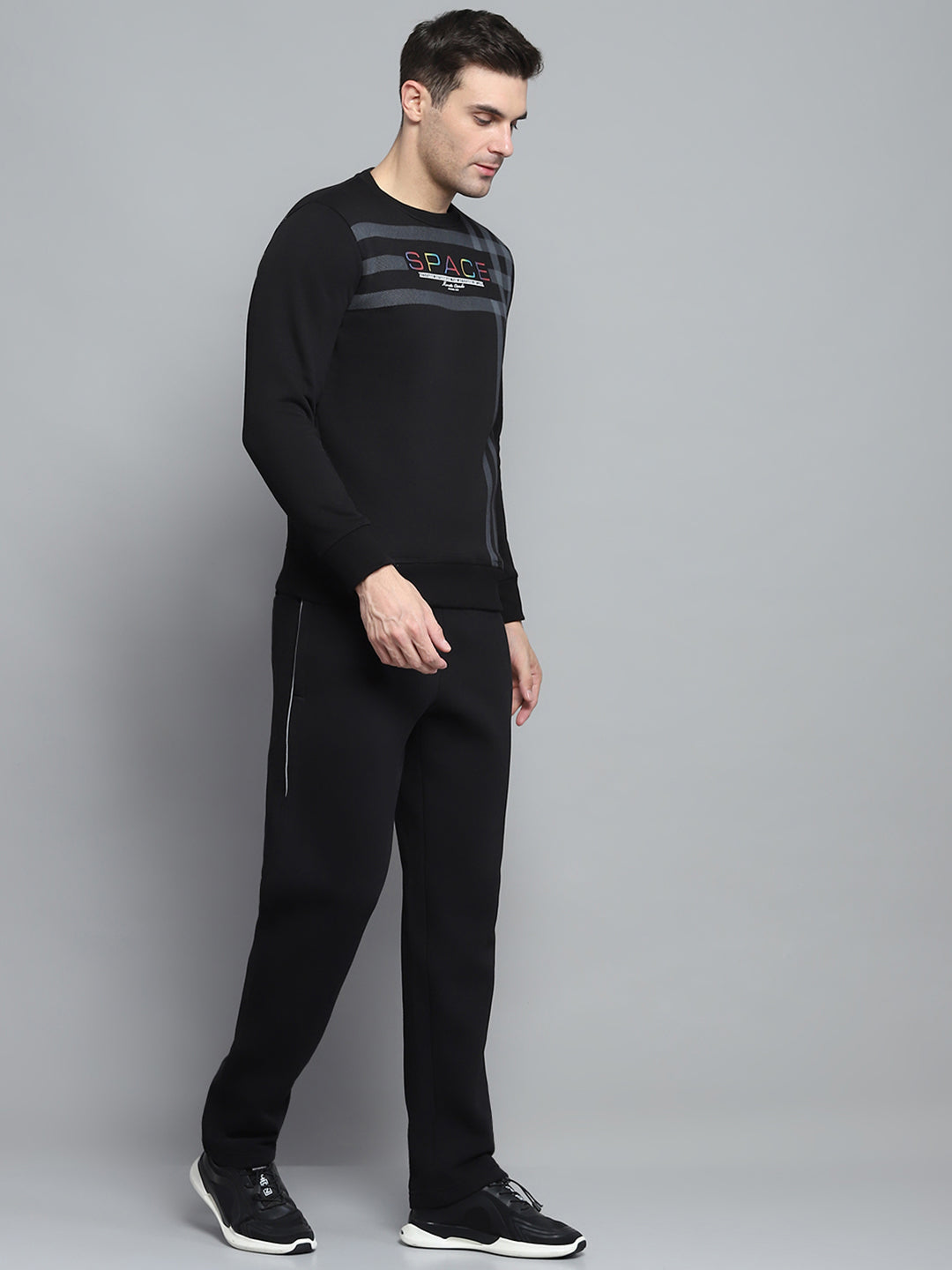 Men Black Printed Round Neck Full Sleeve Winter Tracksuit