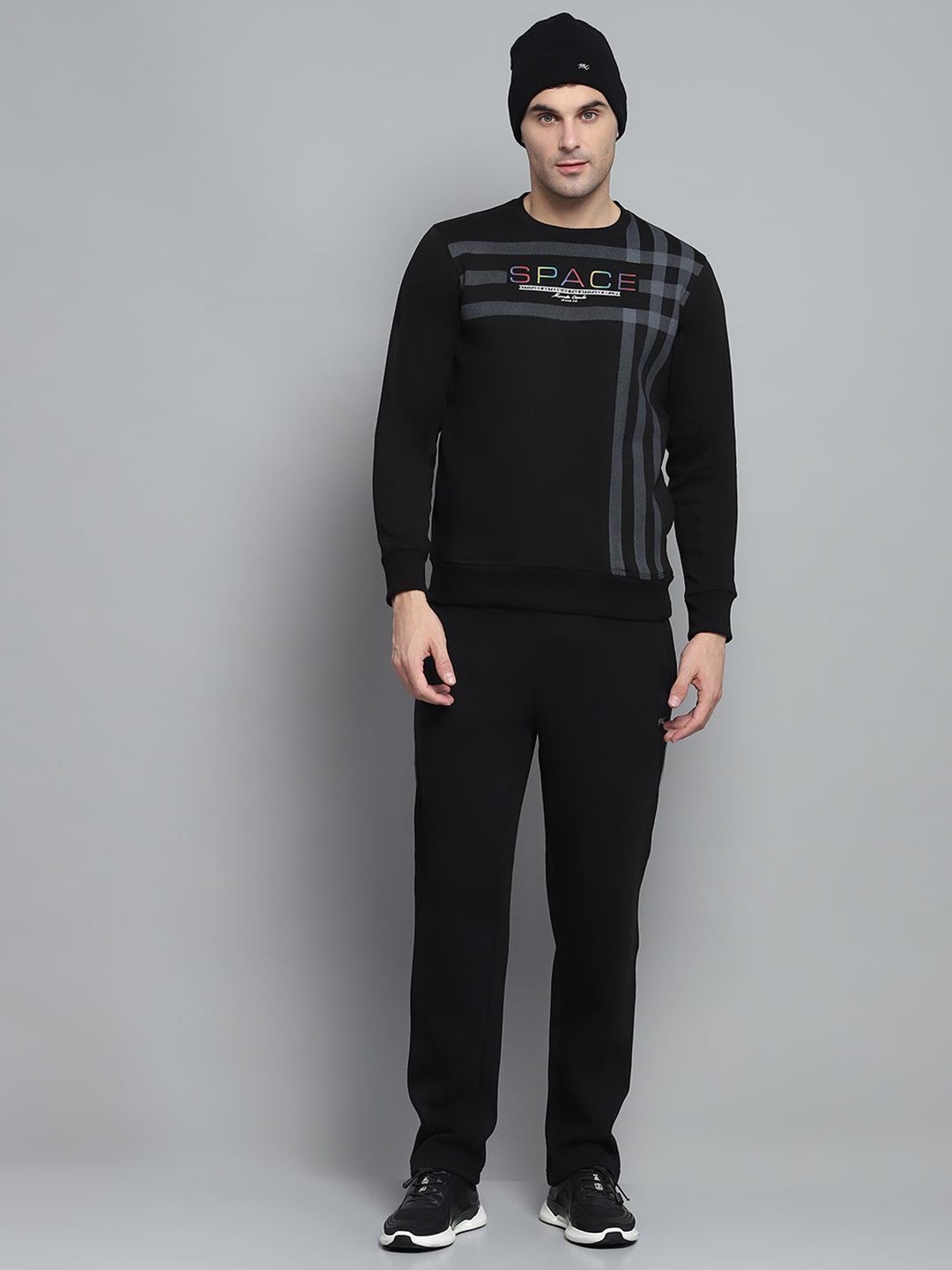 Men Black Printed Round Neck Full Sleeve Winter Tracksuit