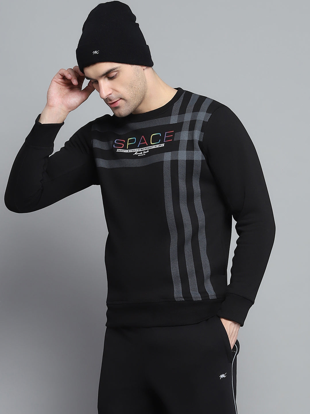 Men Black Printed Round Neck Full Sleeve Winter Tracksuit