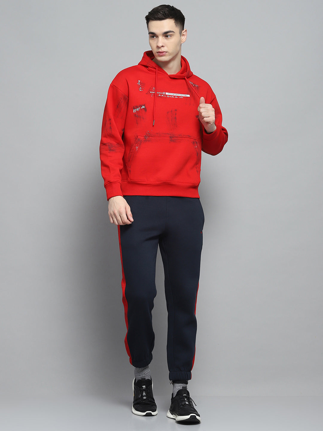 Men Red & Navy Blue Printed Hooded Full Sleeve Winter Tracksuit