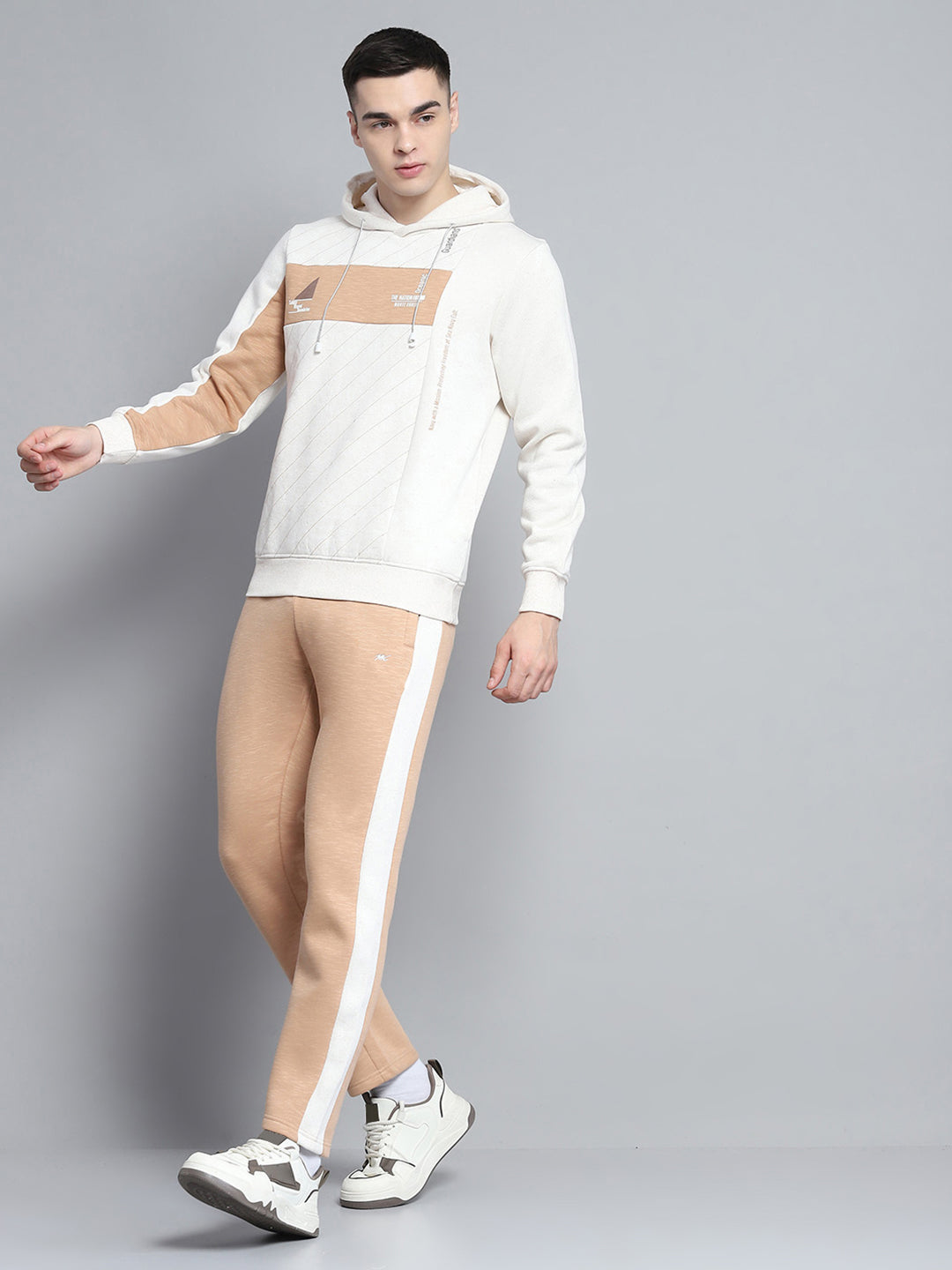 Men Beige Printed Hooded Full Sleeve Winter Tracksuit